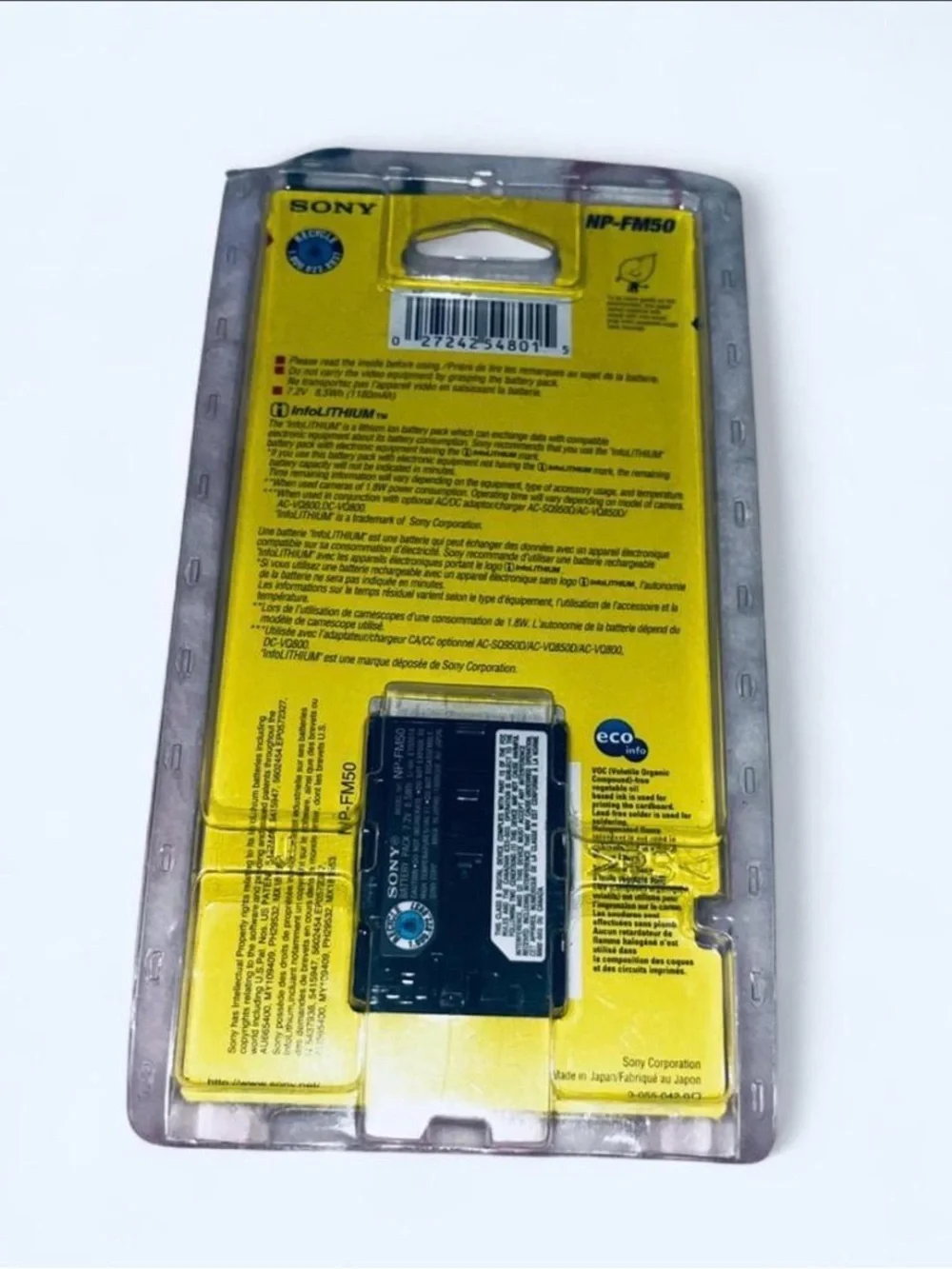 Sony NP-FM50 Battery Pack in Black and Yellow Retail Packaging